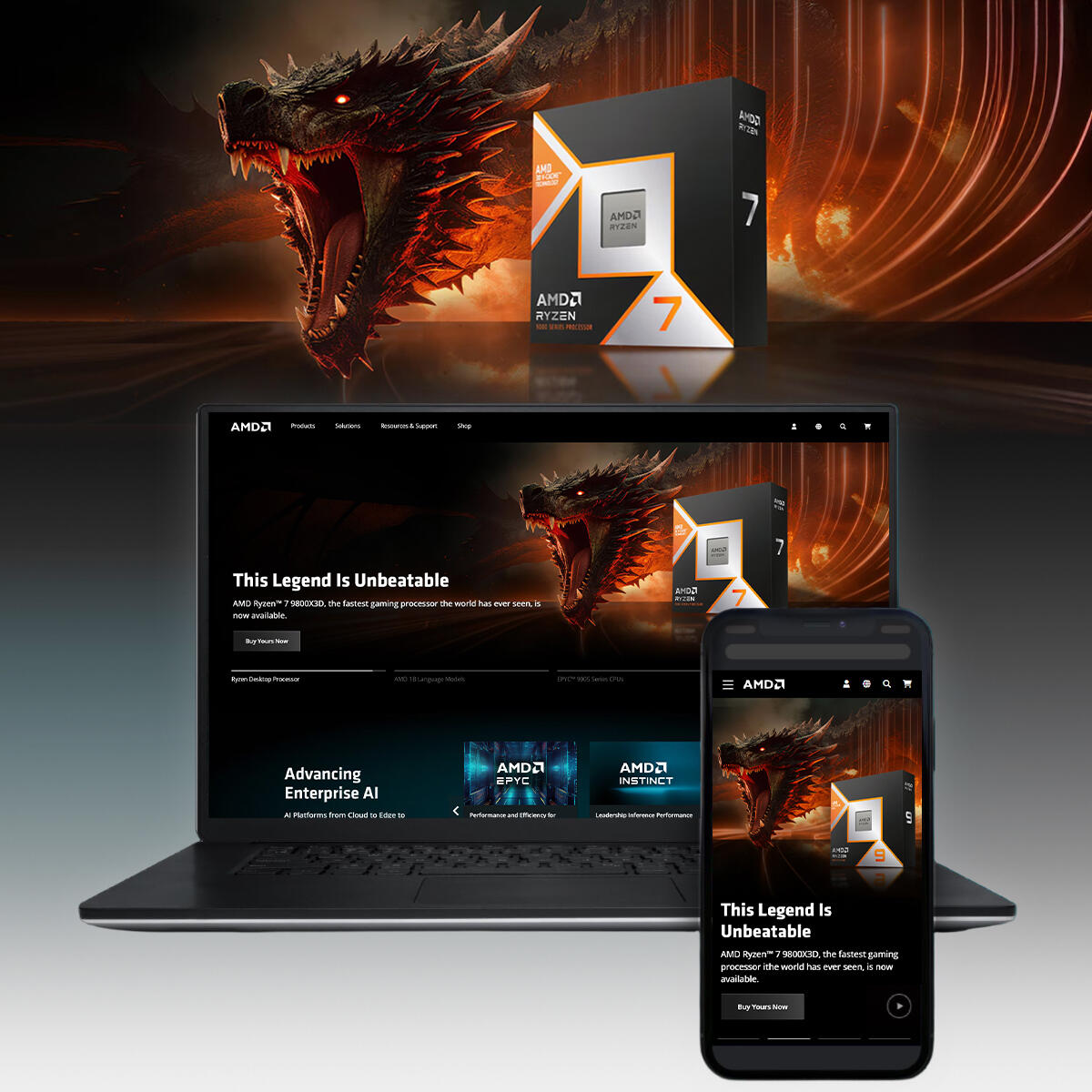 Cross-platform design showcasing AMD Ryzen campaign with immersive visuals on web and mobile.
