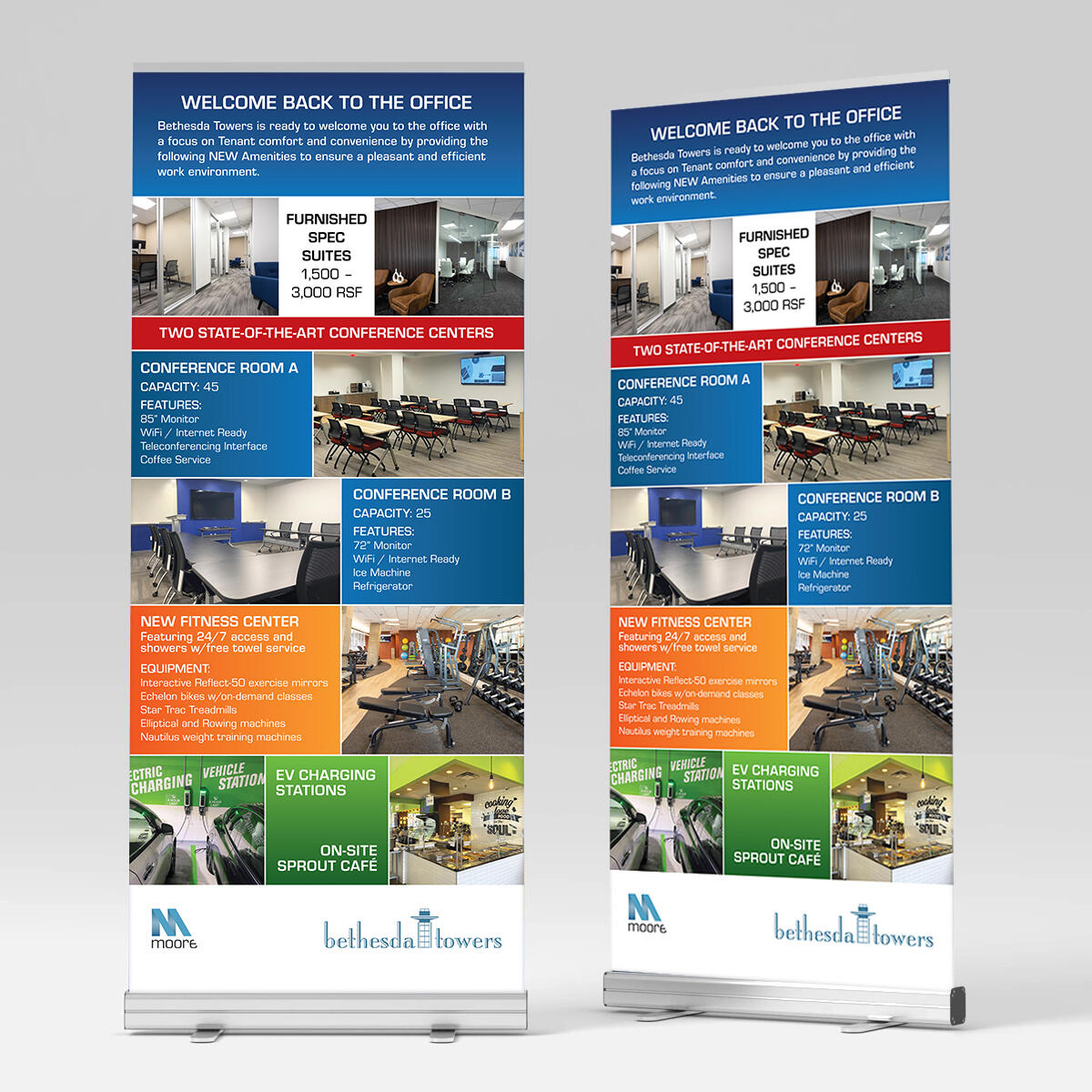 Custom retractable banner design with structured layout, vibrant color panels, and clear iconography, crafted to present Bethesda Towers amenities with clarity and impact.